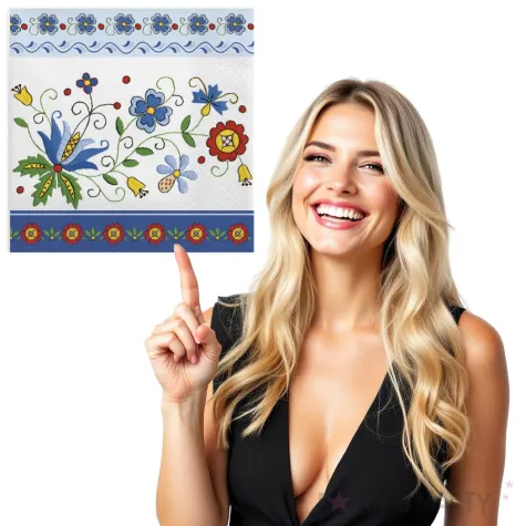 serwetki ludowe kaszubski folk z niebieska ramka maki 33 cm 20 szt