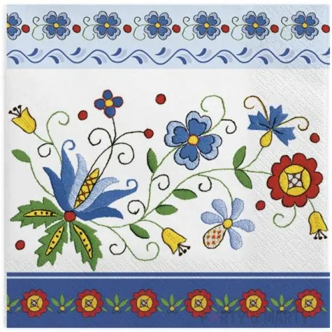 serwetki ludowe kaszubski folk z niebieska ramka maki 33 cm 20 szt