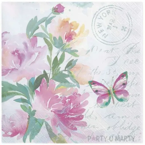 serwetki rozowe kwiaty z motylem maki 33 cm 20 szt