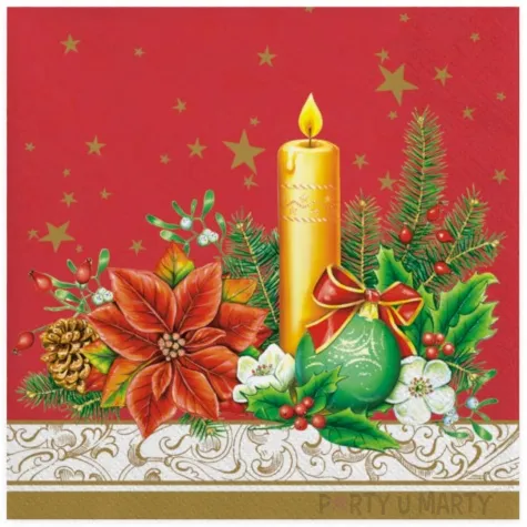 serwetki swiateczna zlota swieczka na czerwonym tle maki 33 cm 20 szt