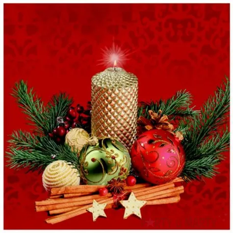 serwetki swieca zlota z bombkami na czerwonym tle maki 33 cm 20 szt