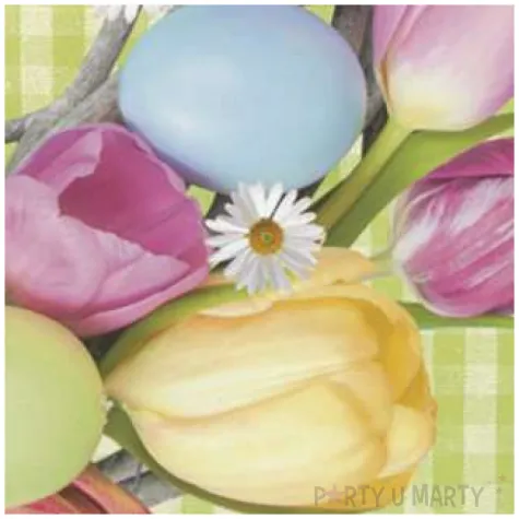 serwetki wielkanoc jajka i tulipany na zielonej kratce maki 33 cm 20 szt