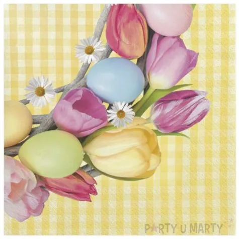 serwetki wielkanoc jajka i tulipany na zoltej kratce maki 33 cm 20 szt