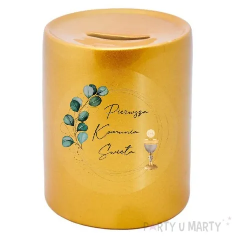 skarbonka pierwsza komunia swieta eukaliptus z hostia zlota 9 5 cm