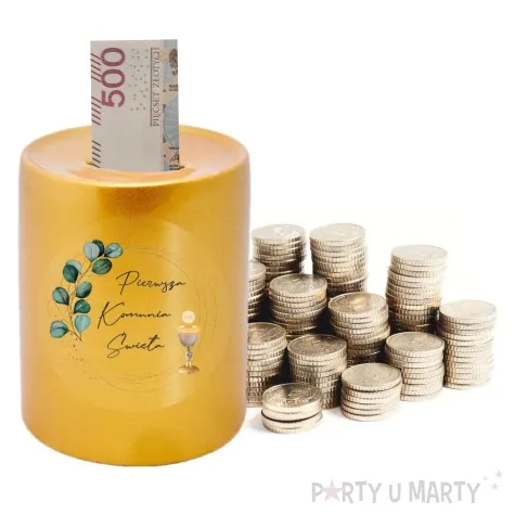 skarbonka pierwsza komunia swieta eukaliptus z hostia zlota 9 5 cm