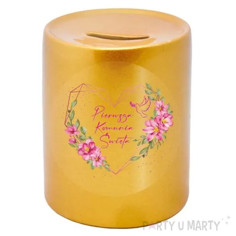 skarbonka pierwsza komunia swieta rozowe serce zlota 9 5 cm