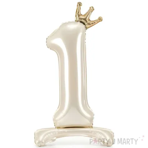 stojacy balon foliowy cyfra 1 z korona dekoracja na urodziny kremowy 33 dgt