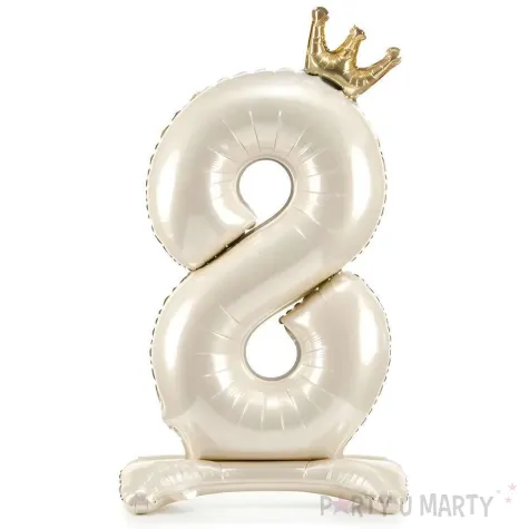 stojacy balon foliowy cyfra 8 z korona dekoracja na urodziny kremowy 33 dgt