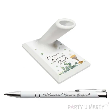 stojaczek z dlugopisem komunia swieta eukaliptus z hostia