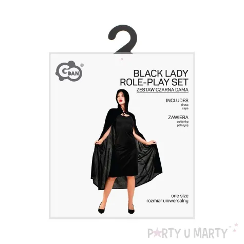 stroj damski na halloween kostium wampirzyca sukienka i peleryna z kapturem czarna cosplay