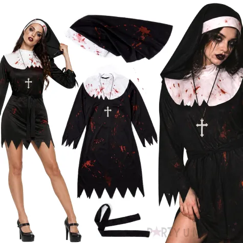 stroj damski na halloween zakonnica zombie habit kornet krzyz pasek cosplay kostium karnawal s