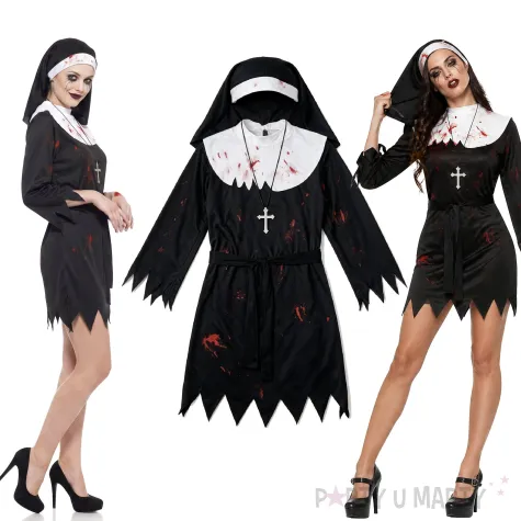 stroj damski na halloween zakonnica zombie habit kornet krzyz pasek cosplay kostium karnawal xl