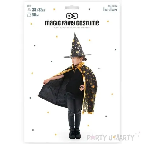stroj dla dzieci czarodziejka kapelusz i peleryna zloty partypal