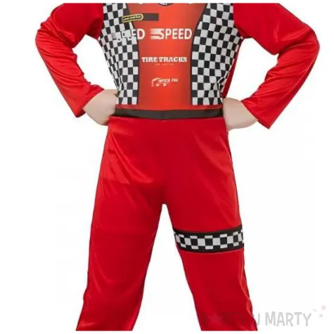 stroj dla dzieci kombinezon kierowcy wyscigowego z czapka czerwony godan rozm 120 130