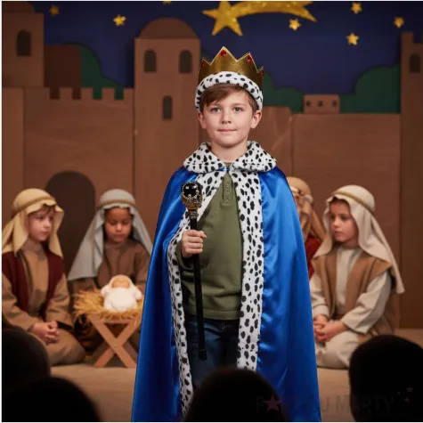 stroj dla dzieci na jaselka zestaw krola peleryna korona i berlo niebieski rozm uniw