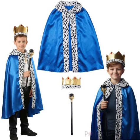 stroj dla dzieci na jaselka zestaw krola peleryna korona i berlo niebieski rozm uniw