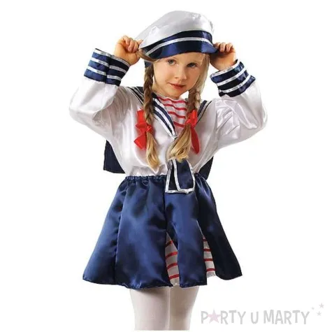 stroj dla dzieci pani marynarz bialo niebieski kraszek rozm 110 116 cm