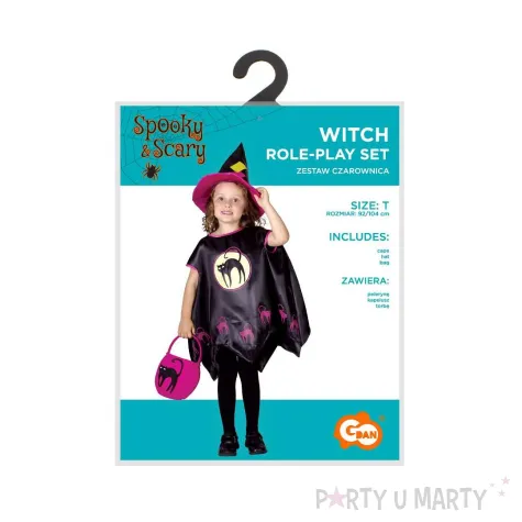 stroj dzieciecy na halloween andrzejki czarownica peleryna kapelusz torba rozm 92 104