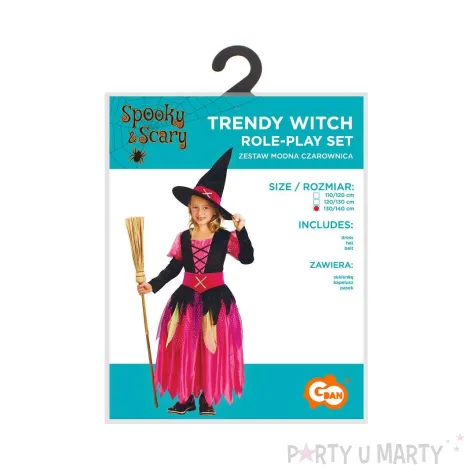 stroj dzieciecy na halloween andrzejki czarownica sukienka kapelusz pasek rozm 130 140
