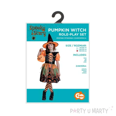 stroj dzieciecy na halloween andrzejki czarownica sukienka kapelusz pasek rozm 130 140