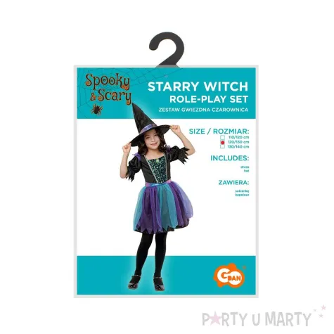stroj dzieciecy na halloween andrzejki gwiezdna czarownica sukienka i kapelusz rozm 120 130