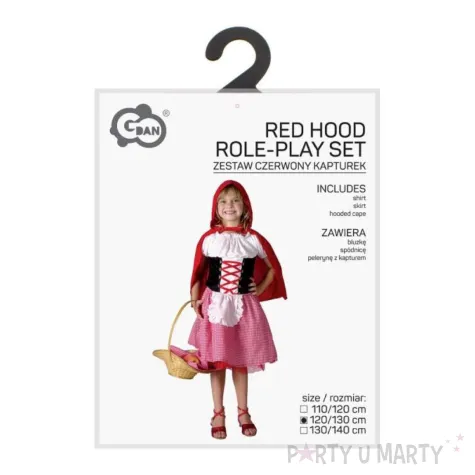 stroj dzieciecy na karnawal bluzka spodnica i peleryna z kapturem czerwony kapturek 120 130