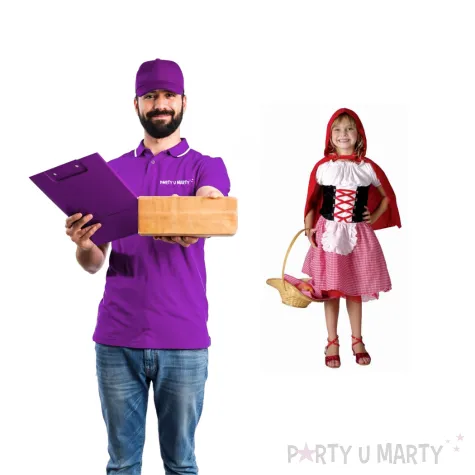 stroj dzieciecy na karnawal bluzka spodnica i peleryna z kapturem czerwony kapturek 130 140