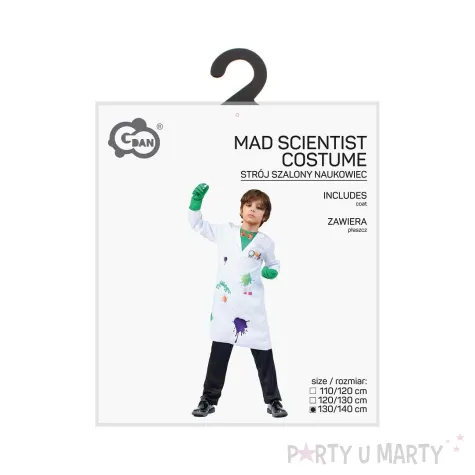 stroj dzieciecy na karnawal halloween kitel szalony naukowiec bialy 130 140