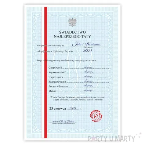 swiadectwo dla najlepszego taty a4