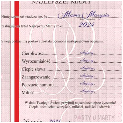 swiadectwo dla najlepszej mamy a4