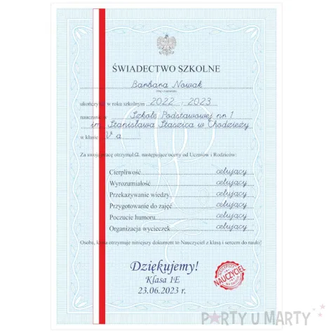 swiadectwo podziekowanie dla nauczyciela szkola podstawowa a4