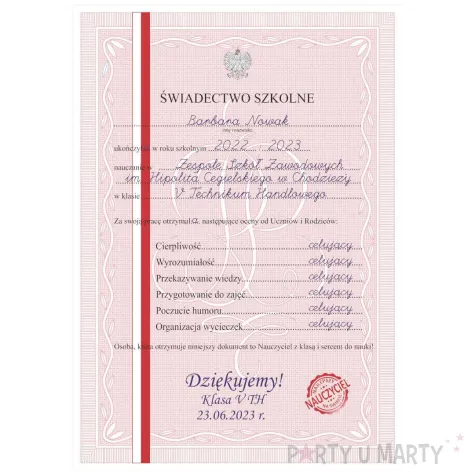 swiadectwo podziekowanie dla nauczyciela szkola srednia a4