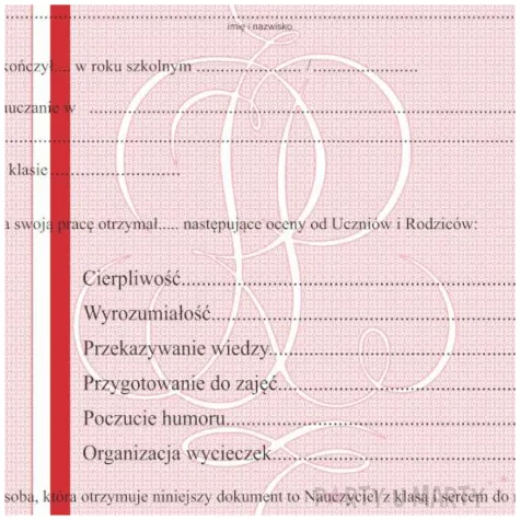 swiadectwo podziekowanie dla nauczyciela szkola srednia a4