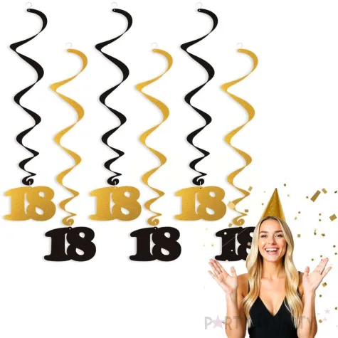 swiderki wiszace urodziny 18 czarno zlote 6 szt