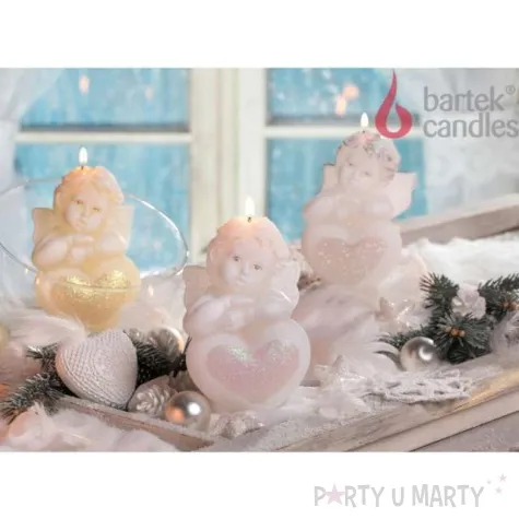 swieca aniolek z serduszkiem srebrny bialy bartek candles 130 mm