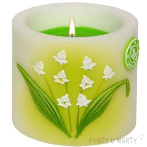 swieca pienkowa lampion z kwiatami konwalii bialo zielony adpal 90 100 mm