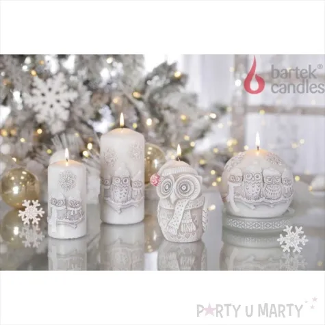 swieca pienkowa zimowe sowy biala bartek candles 60 130 mm