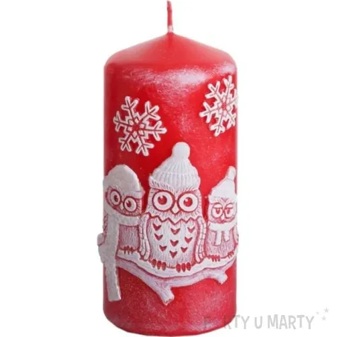 swieca pienkowa zimowe sowy czerwona bartek candles 60 130 mm