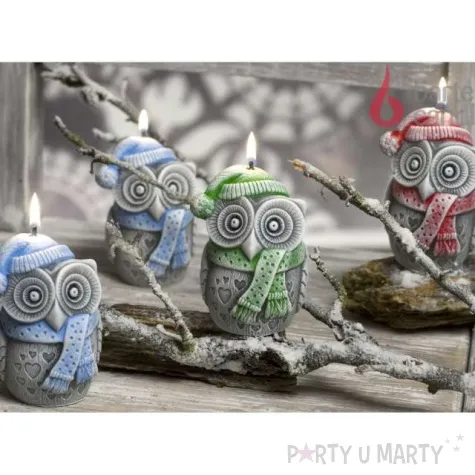 swieca sowa winter owl szaro zielona bartek candles 100 mm