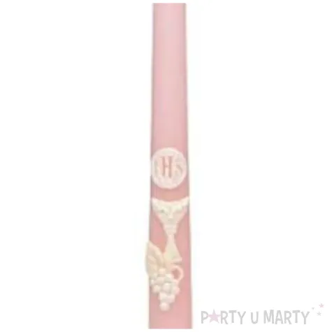 swieca stozkowa komunijna z hostia ihs rozowa adpal 29 cm