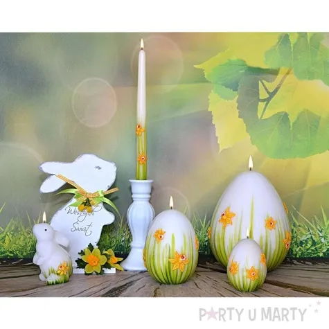 swieca stozkowa wielkanocne zonkile bialo zielona adpal 29 cm