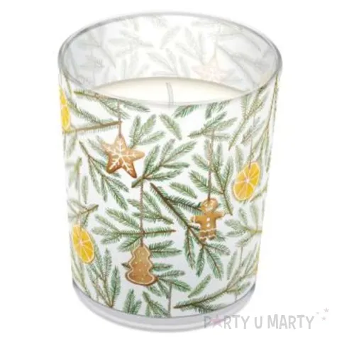 swieca w szkle piernik i galazki sosnowe paw 80 90 mm