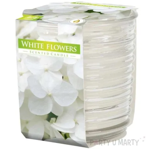 swieca zapachowa w karbowanym szkle biale kwiaty bispol 8 cm