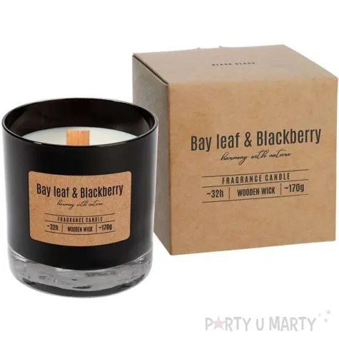 swieca zapachowa w szkle drewniany knot lisc laurowy z jezyna bispol 8 5 cm