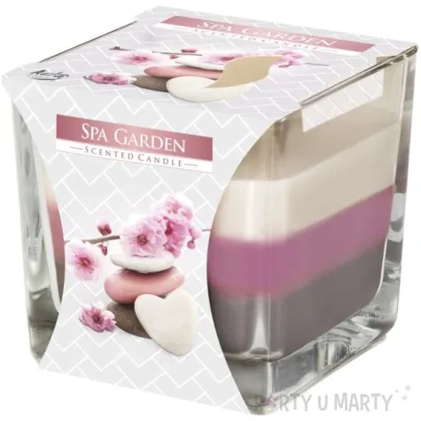 swieca zapachowa w szkle trojbarwna ogrod spa bispol 8x8 cm