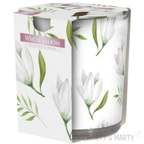 swieca zapachowa w szkle z nadrukiem bialy rozkwit bispol 8 cm