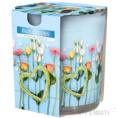 swieca zapachowa w szkle z nadrukiem blekitny ogrod bispol 8 cm