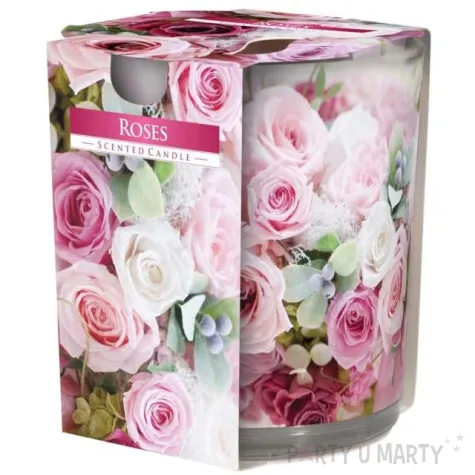 swieca zapachowa w szkle z nadrukiem roza bispol 8 cm