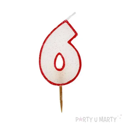 swieczka cyferka z brokatem czerwony kontur 6
