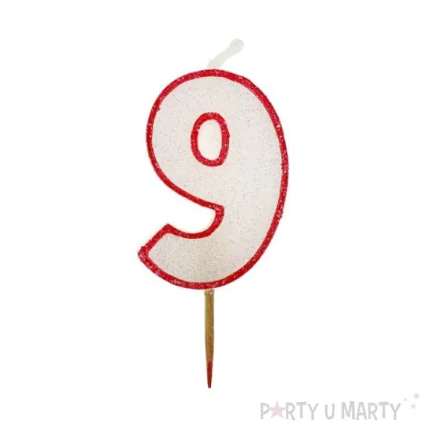 swieczka cyferka z brokatem czerwony kontur 9